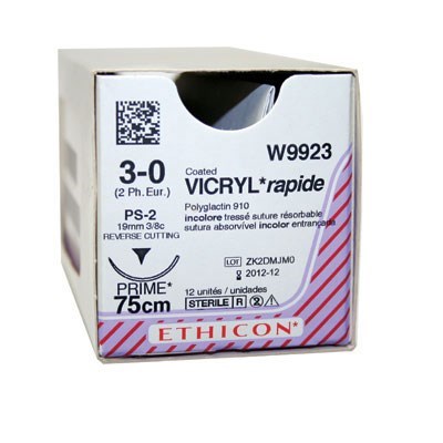 Ethicon Suture Vicryl Rap 3/8 Rev Cut 19mm 3/0 75cm box 12