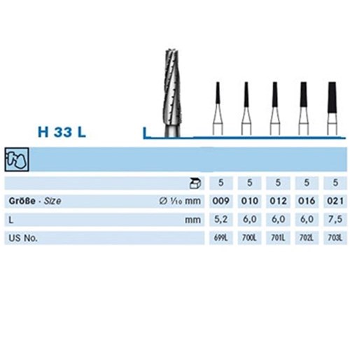 T-Carbide Bur HP #H33-010 Tapered Cross-Cut US#700 Pkt 5